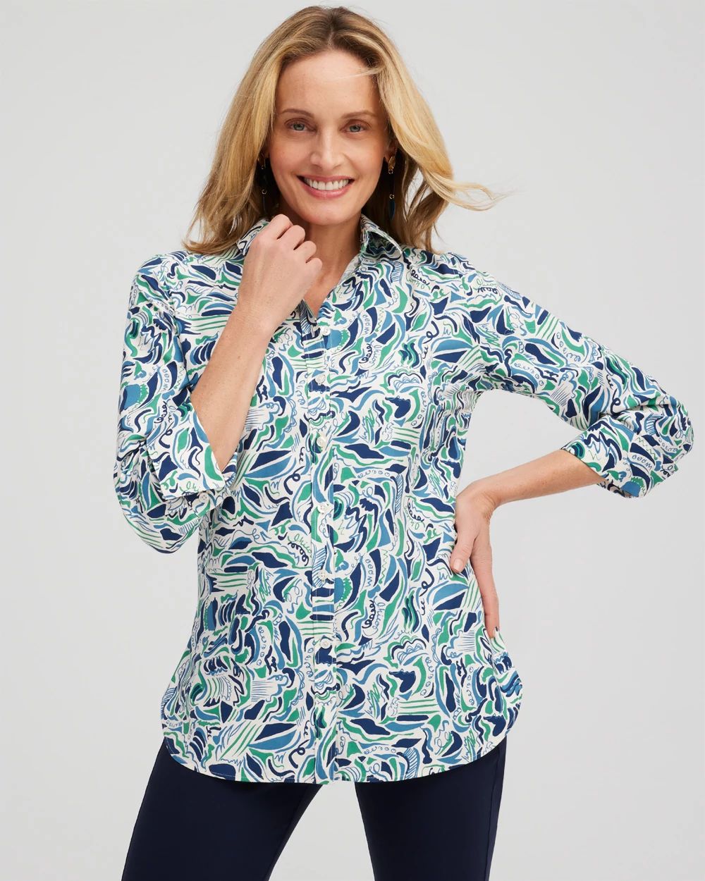 No Iron™ 3/4 Sleeve Abstract Print Shirt | Chico's